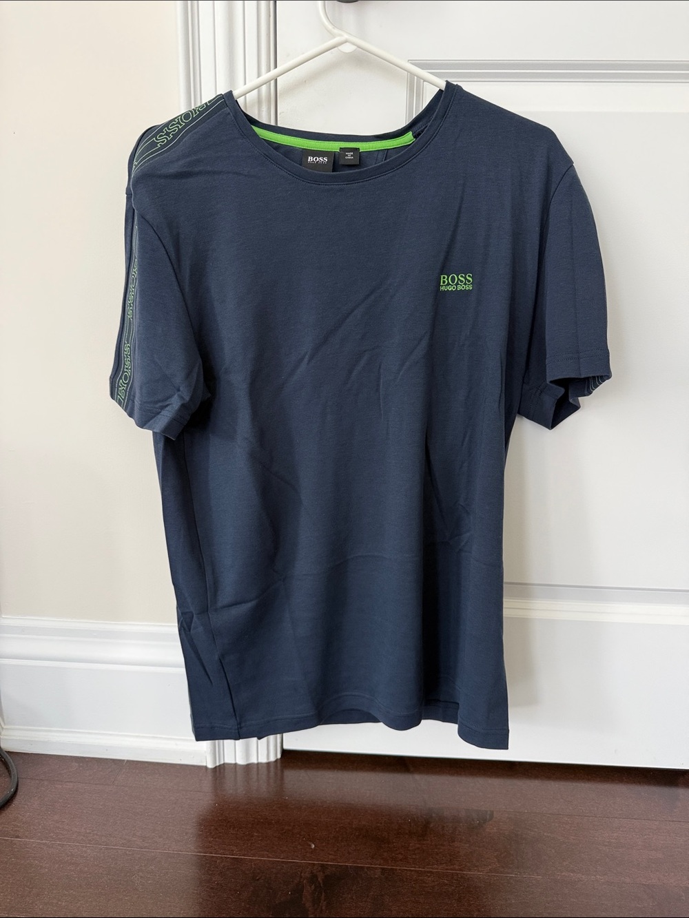 BOSS Navy Cotton Short-Sleeve Tee with Neon Green Logo Trim